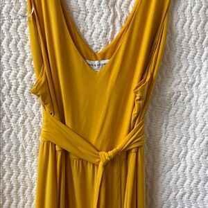 Emma & Michele Mustard Yellow V-Neck Maxi Dress with Waist Tie